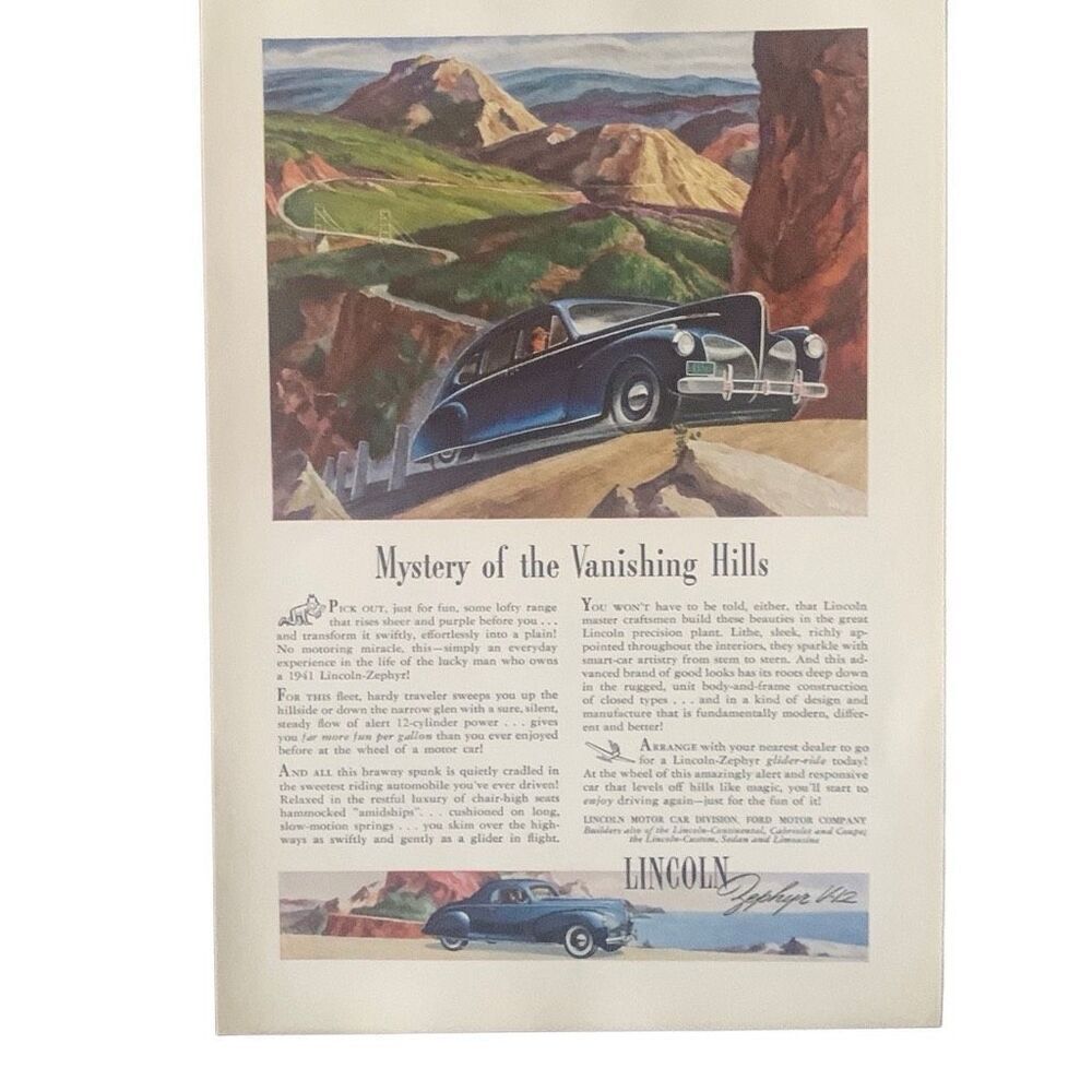 Vintage 1941 Lincoln Zephyr V12 Vanishing Hills Ad Advertisement